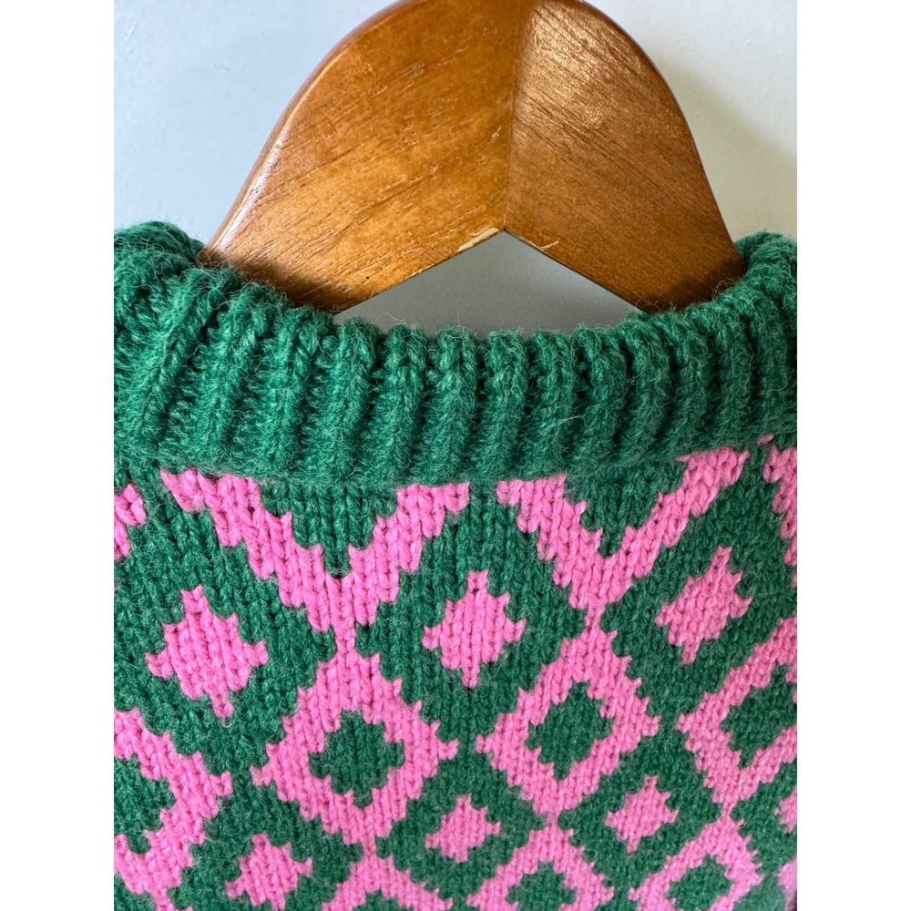 Jakke AMMA Recycled Green Pink Diamond Argyle Mock Neck Knit Sweater Size 2 - Picture 8 of 9